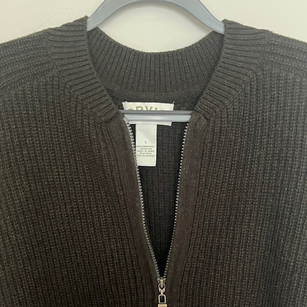 L, Orvis, Ribbed, Lambswool, Zip-Up Sweater, Expresso